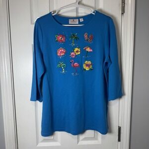 QUACKER FACTORY  3/4 Sleeve Sparkle Beach Embellished T Shirt Tropical Small